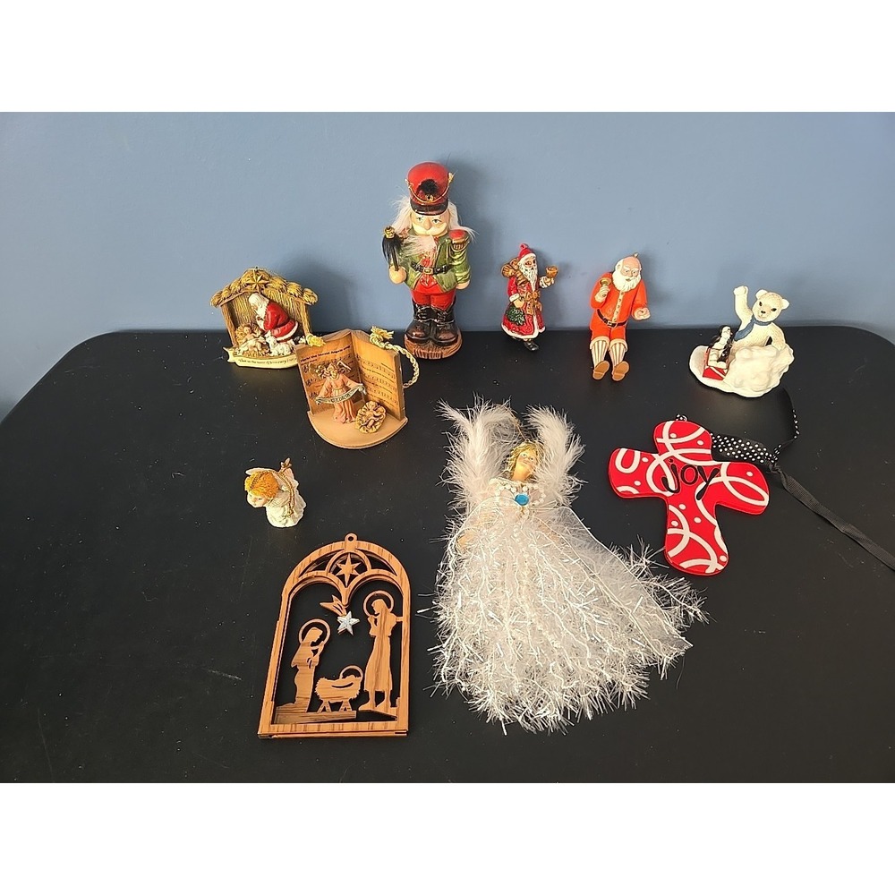 Vintage Mixed lot of 10 Christmas Ornaments Decor Angels Santa Nativity Nutcrack